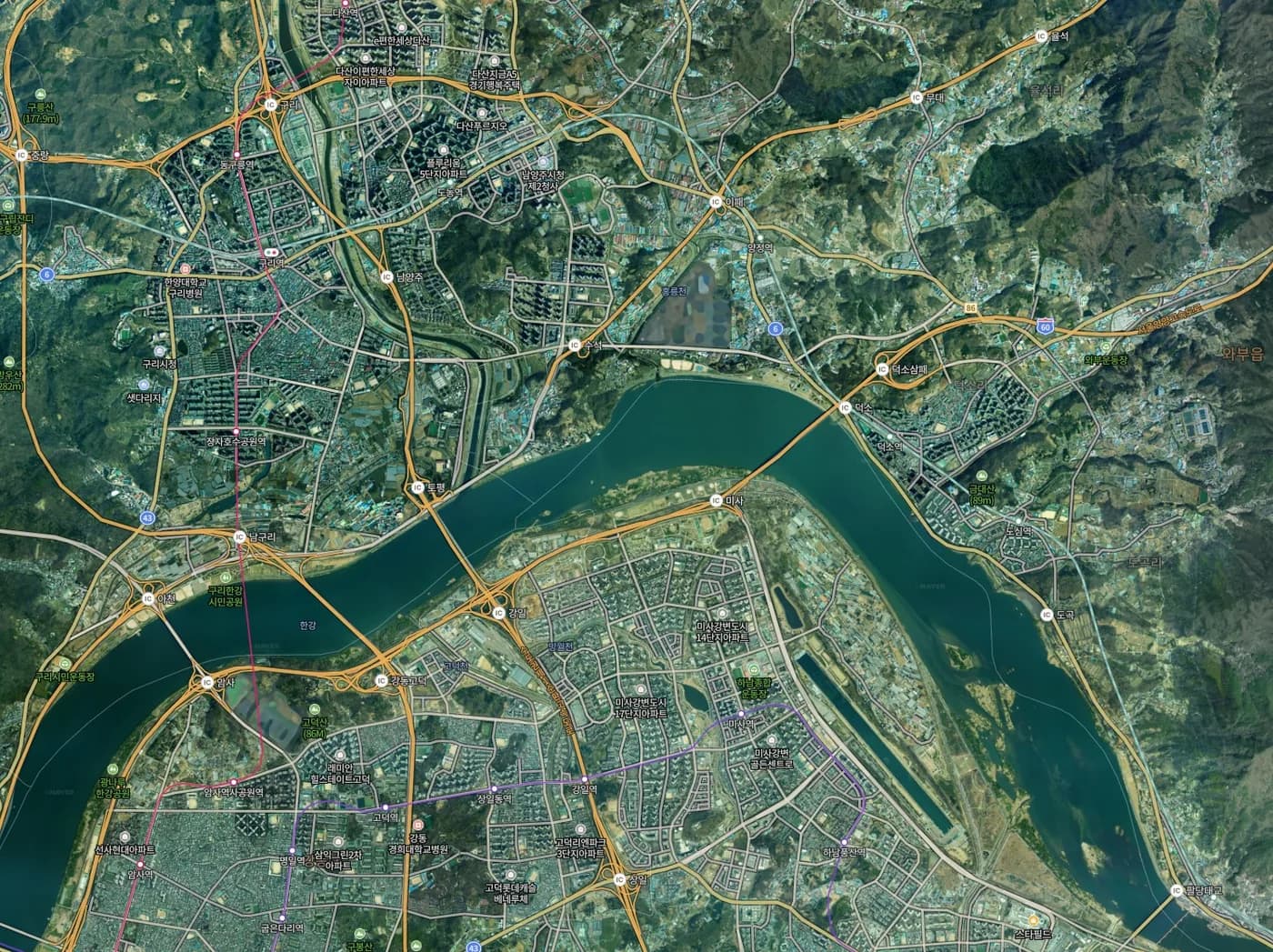 사업지 반경 5.3km 생활 인프라 지도 — 다산·구리·미사·하남 생활권