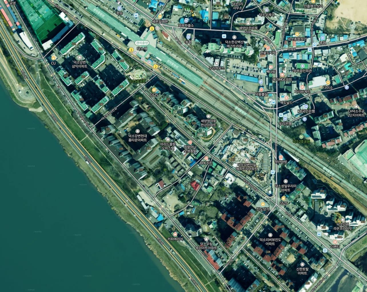 덕소역 더블뷰 한강 사업지 위치도 — 덕소역 직선거리 248m, 한강변 인접